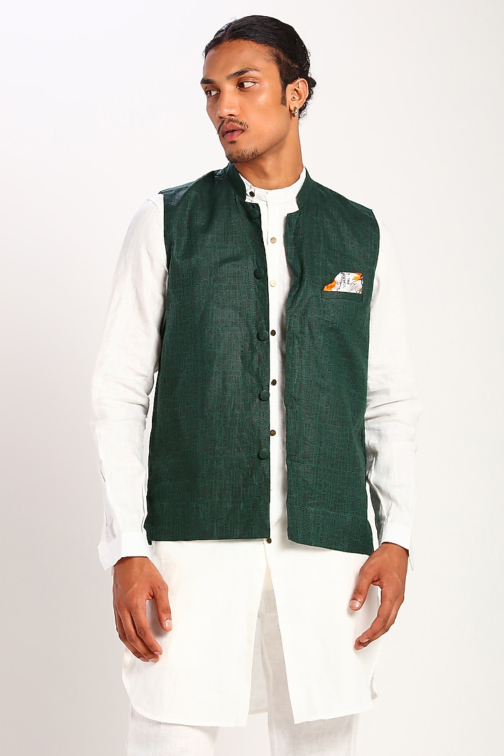 Green Printed Linen Waistcoat by Son Of A Noble SNOB at Pernia's Pop Up Shop