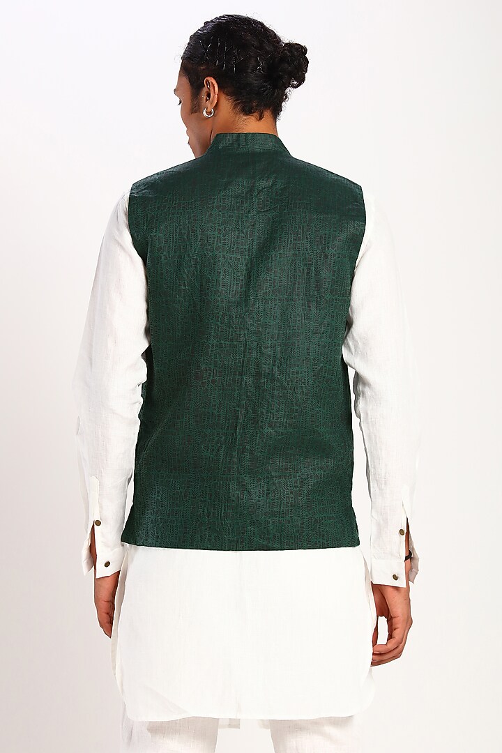 Green Printed Linen Waistcoat by Son Of A Noble SNOB at Pernia's Pop Up Shop