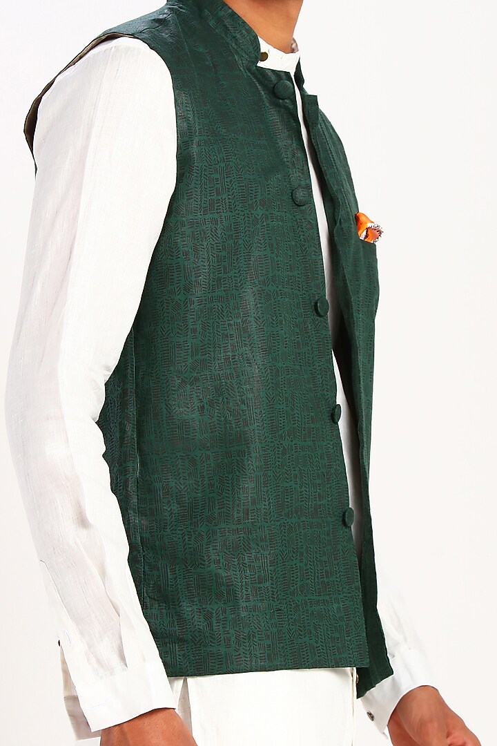 Green Printed Linen Waistcoat by Son Of A Noble SNOB at Pernia's Pop Up Shop