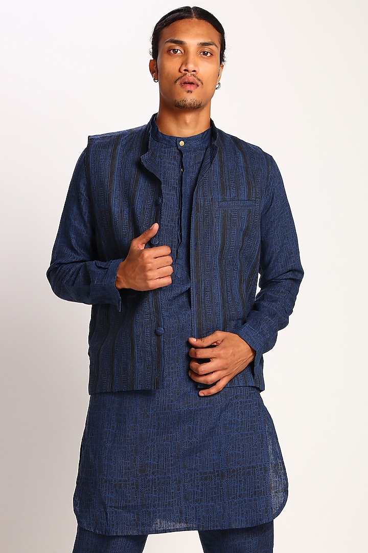 Ink Blue Geometric Printed Waistcoat by Son Of A Noble SNOB
