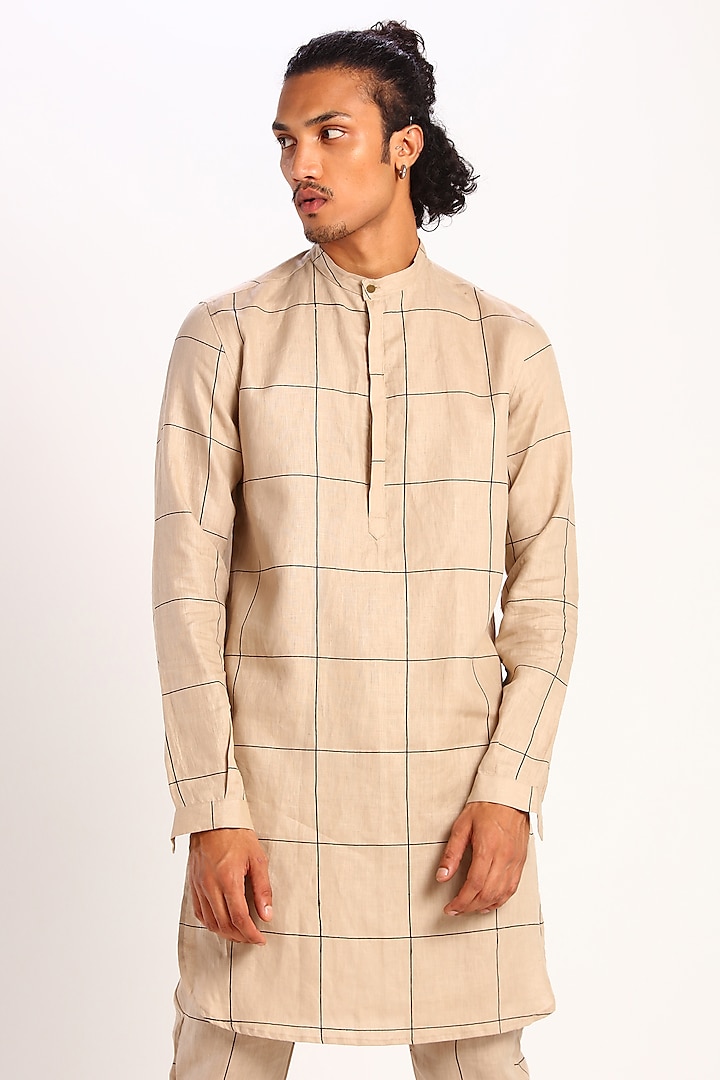 Beige Check Print Kurta by Son Of A Noble SNOB at Pernia's Pop Up Shop