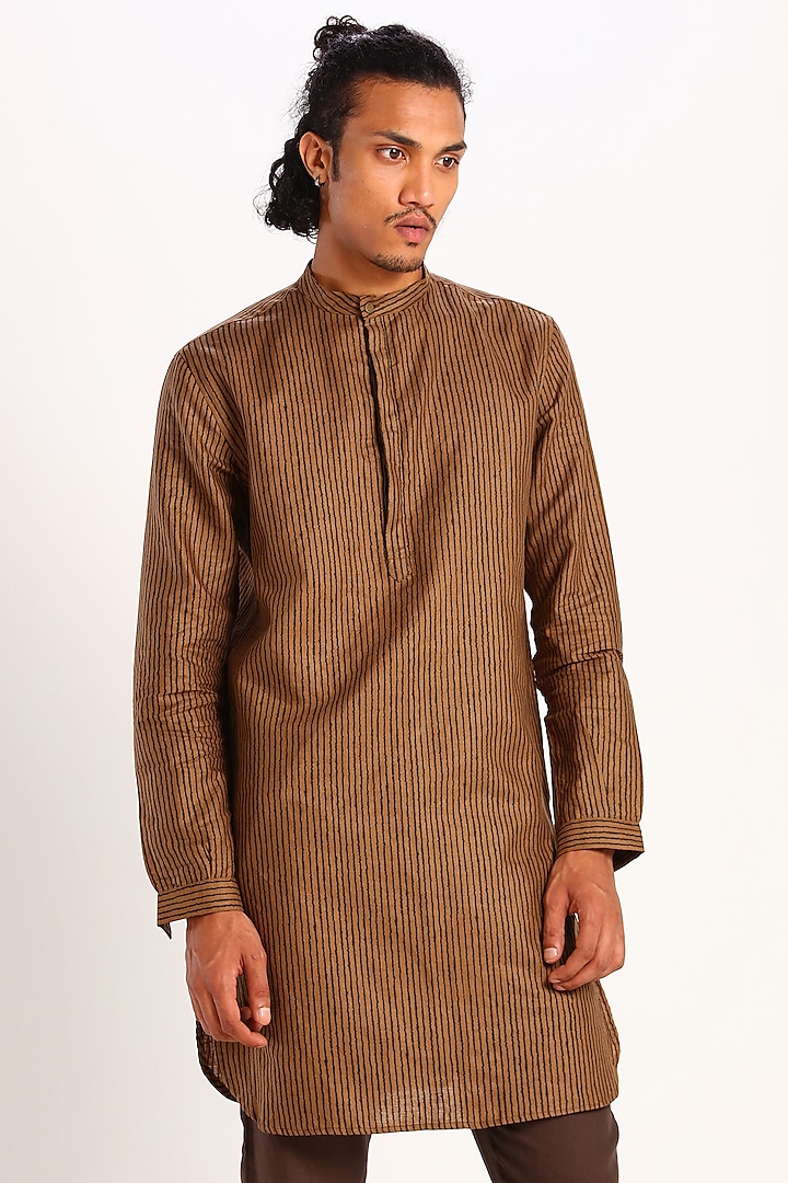Beige Brown Printed Linen Kurta by Son Of A Noble SNOB