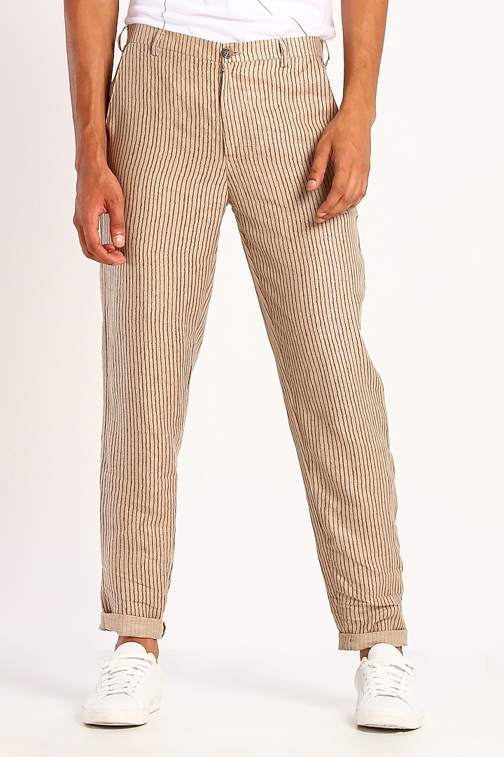 Beige Printed Linen Trousers by Son Of A Noble SNOB at Pernia's Pop Up Shop