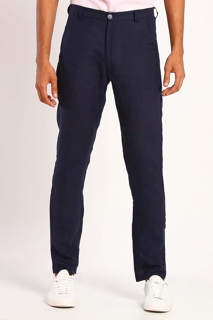 Navy Blue Linen Trousers by Son Of A Noble SNOB at Pernia's Pop Up Shop