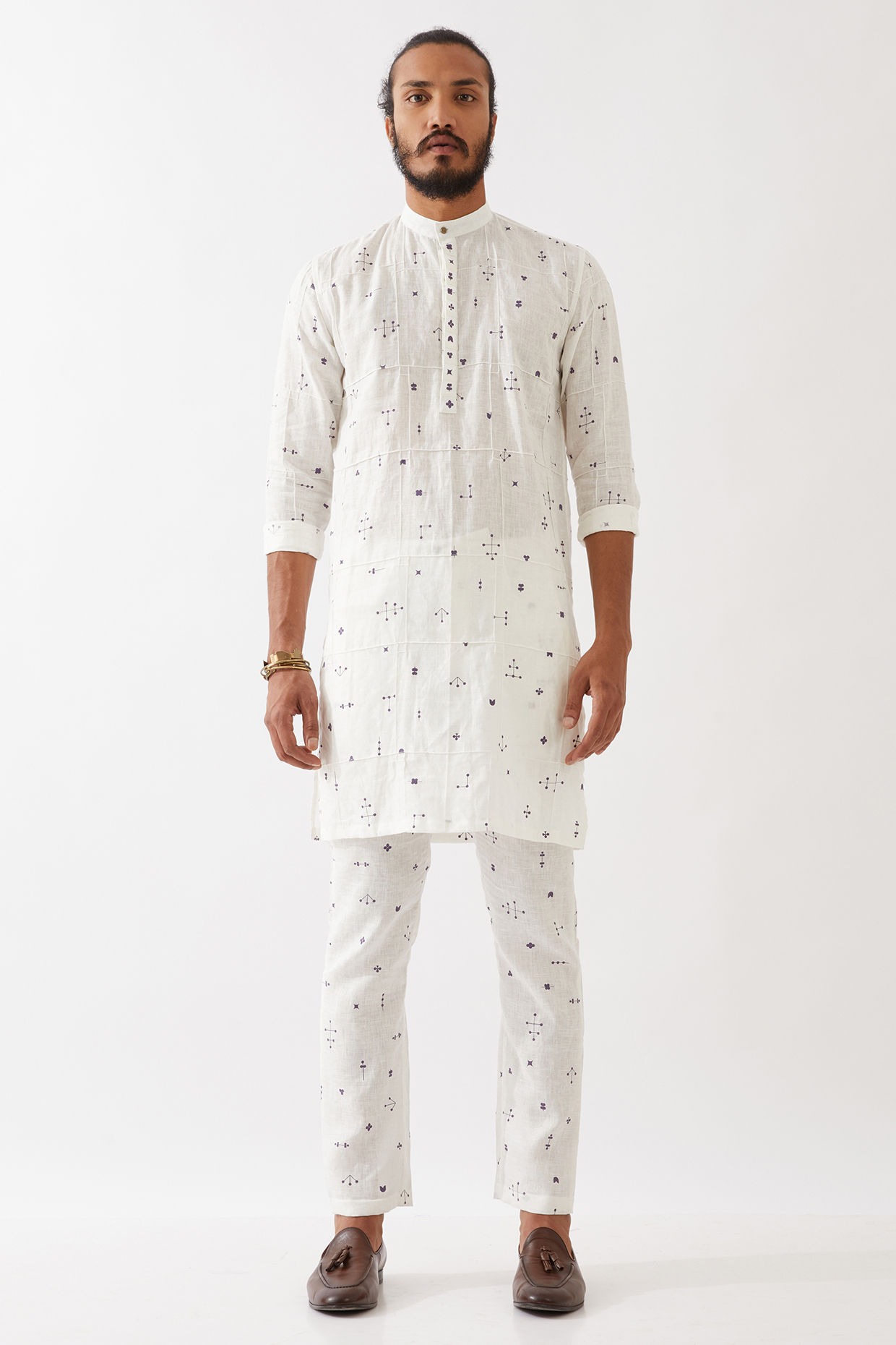 White Linen Printed Kurta Set by Son Of A Noble SNOB Men at Pernia's Pop Up Shop