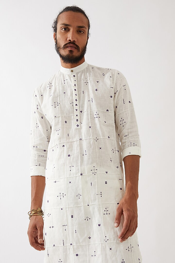 White Linen Printed Kurta Set by Son Of A Noble SNOB Men at Pernia's Pop Up Shop