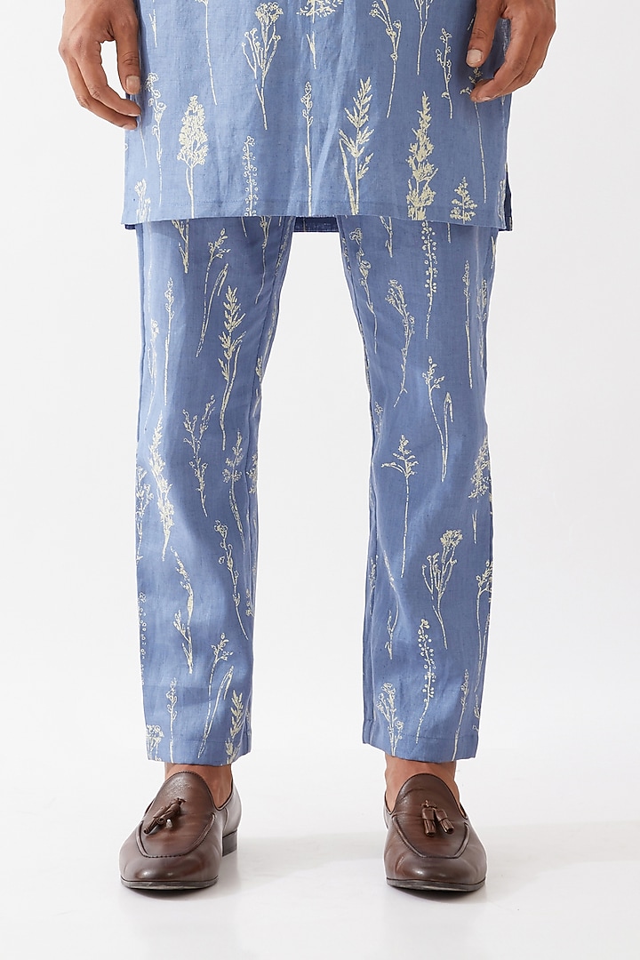 Blue Linen Printed Kurta Set by Son Of A Noble SNOB Men at Pernia's Pop Up Shop
