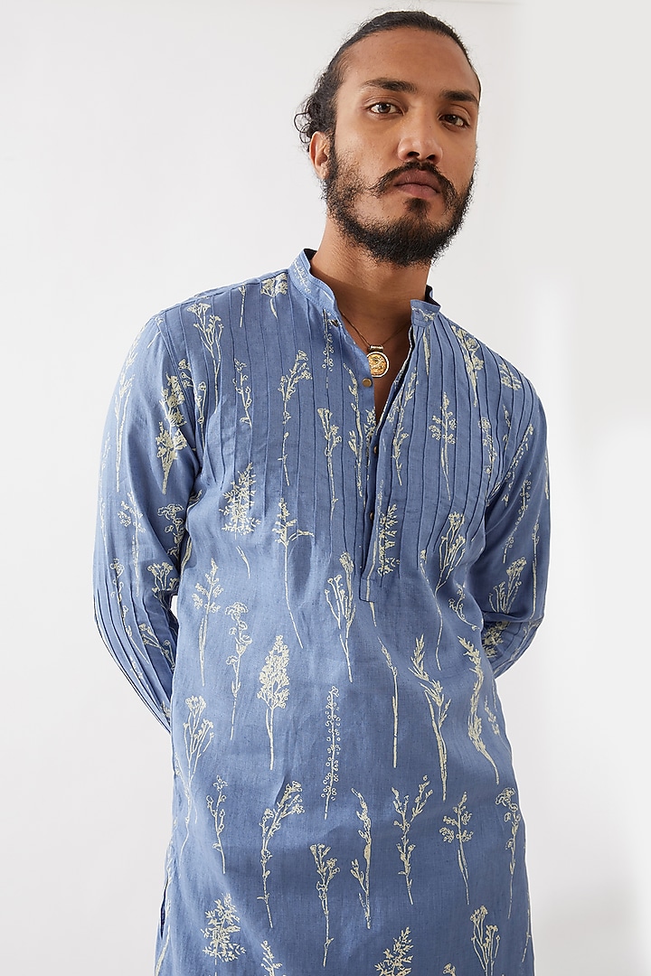 Blue Linen Printed Kurta Set by Son Of A Noble SNOB Men at Pernia's Pop Up Shop