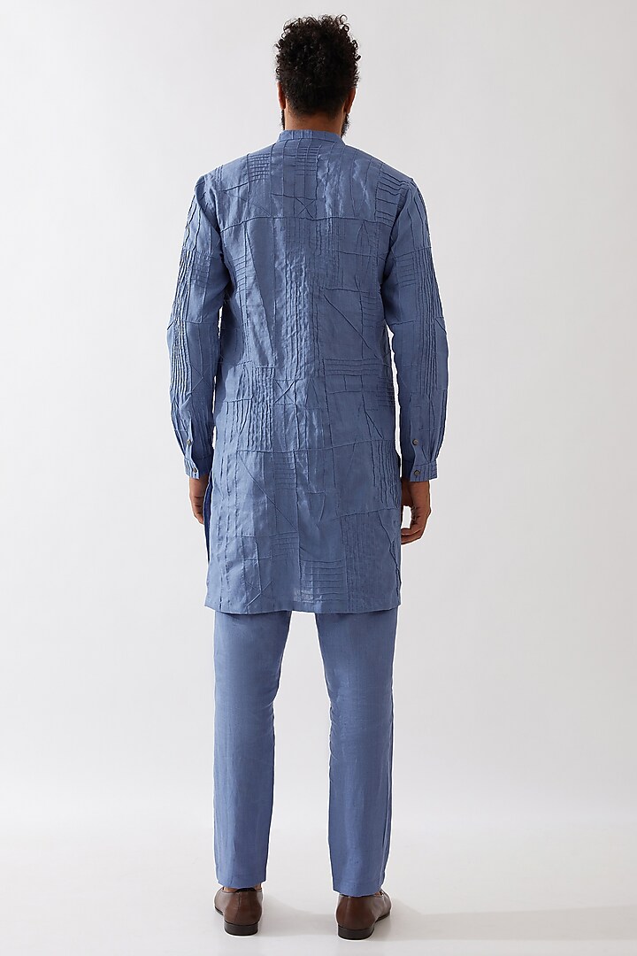 Blue Linen Textured Kurta Set by Son Of A Noble SNOB Men at Pernia's Pop Up Shop