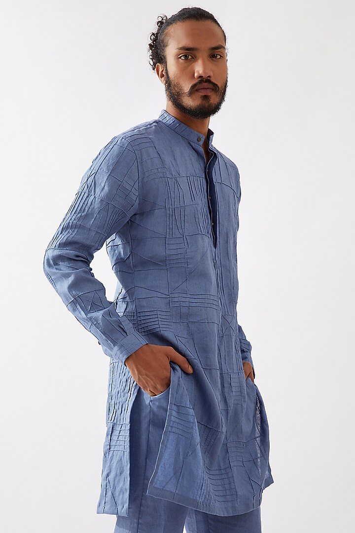 Blue Linen Textured Kurta Set by Son Of A Noble SNOB Men at Pernia's Pop Up Shop