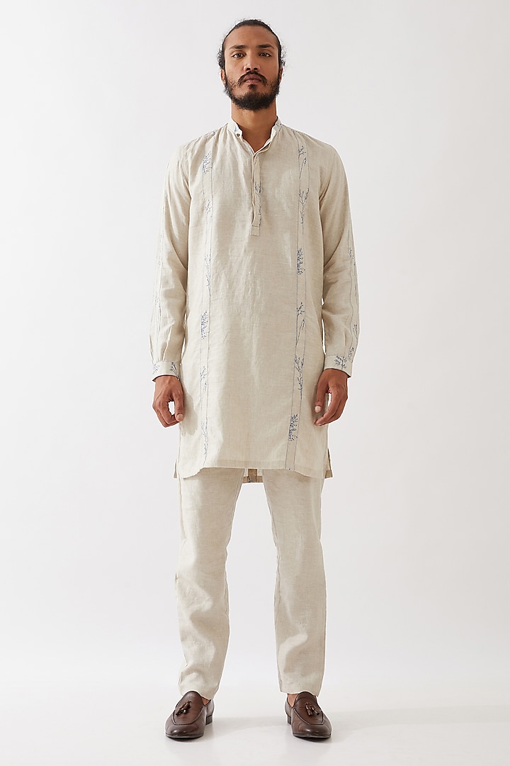 Ivory Linen Printed Kurta Set by Son Of A Noble SNOB Men at Pernia's Pop Up Shop