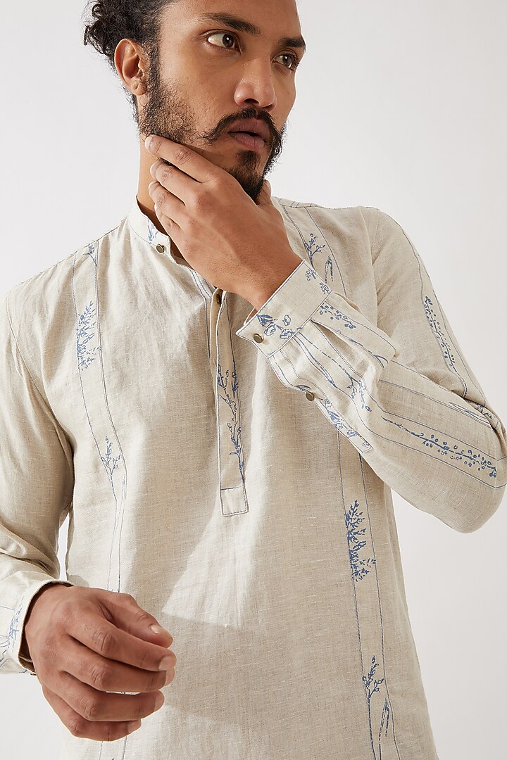 Ivory Linen Printed Kurta Set by Son Of A Noble SNOB Men at Pernia's Pop Up Shop
