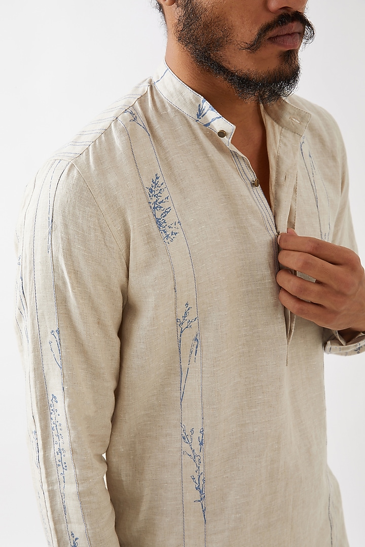 Ivory Linen Printed Kurta Set by Son Of A Noble SNOB Men at Pernia's Pop Up Shop