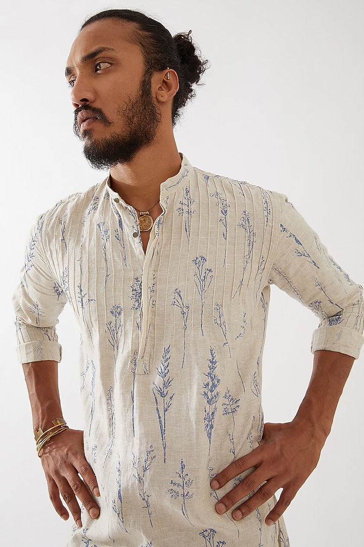 Ivory Linen Printed Kurta Set by Son Of A Noble SNOB Men at Pernia's Pop Up Shop