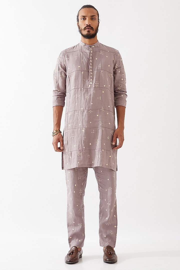 Purple Linen Printed Kurta Set by Son Of A Noble SNOB Men at Pernia's Pop Up Shop