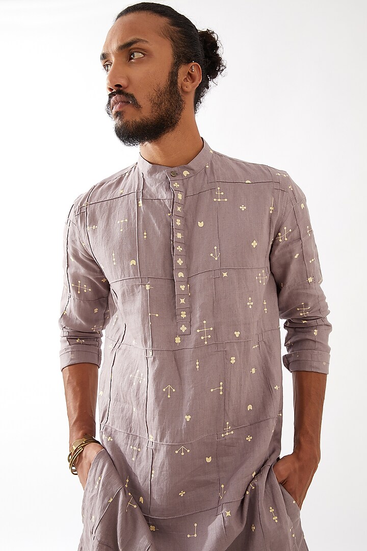 Purple Linen Printed Kurta Set by Son Of A Noble SNOB Men at Pernia's Pop Up Shop