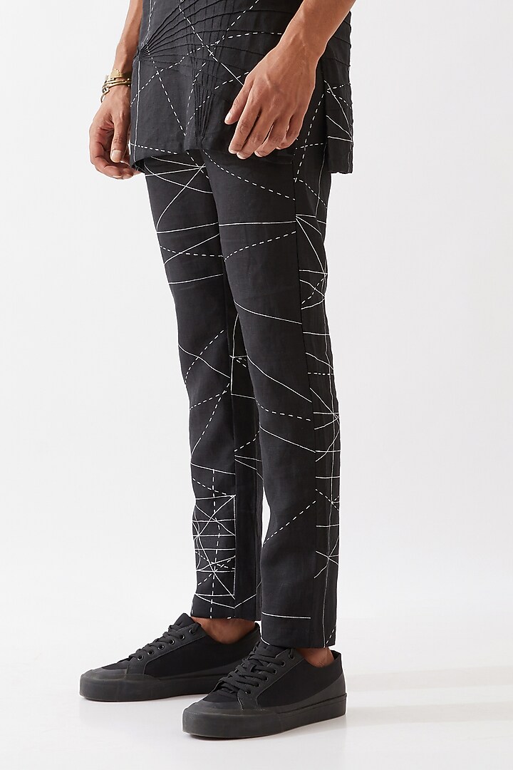 Black Linen Printed Kurta Set by Son Of A Noble SNOB Men at Pernia's Pop Up Shop