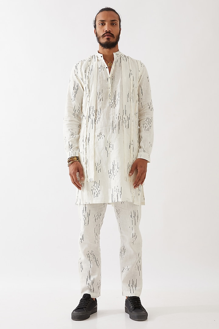 White Linen Printed Bundi Jacket Set by Son Of A Noble SNOB Men at Pernia's Pop Up Shop