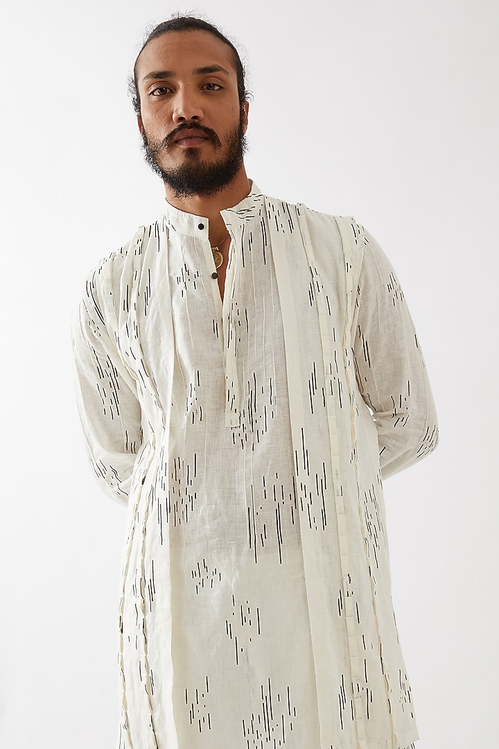 White Linen Printed Bundi Jacket Set by Son Of A Noble SNOB Men at Pernia's Pop Up Shop