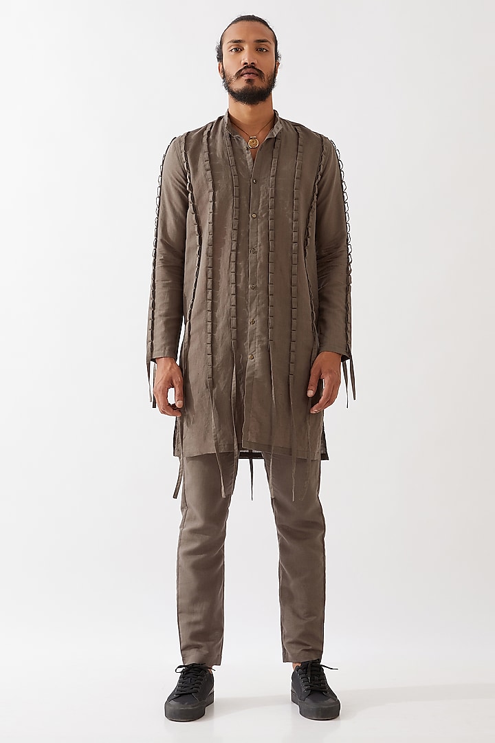 Grey Cotton Linen Textured Kurta Set by Son Of A Noble SNOB Men at Pernia's Pop Up Shop