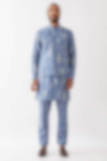 Blue Linen Printed Bundi Jacket Set by Son Of A Noble SNOB Men at Pernia's Pop Up Shop