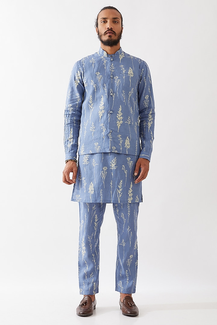 Blue Linen Printed Bundi Jacket Set by Son Of A Noble SNOB Men at Pernia's Pop Up Shop