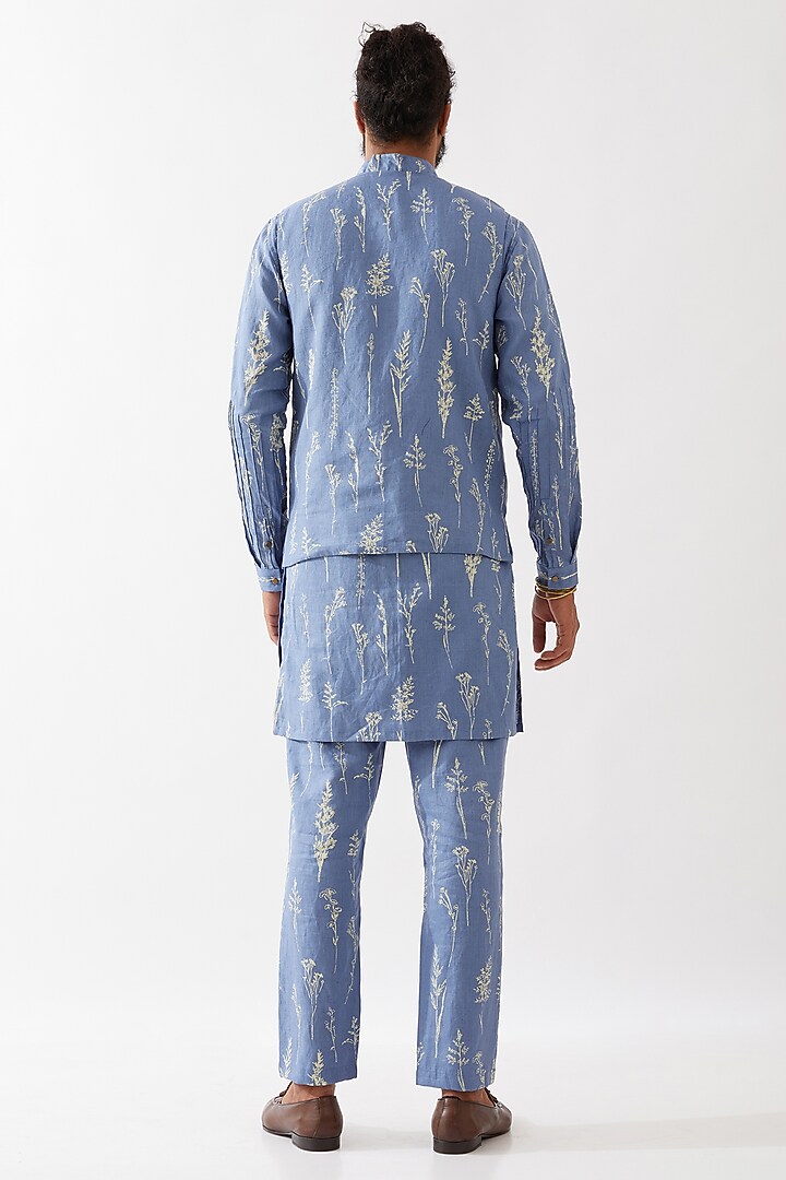 Blue Linen Printed Bundi Jacket Set by Son Of A Noble SNOB Men at Pernia's Pop Up Shop