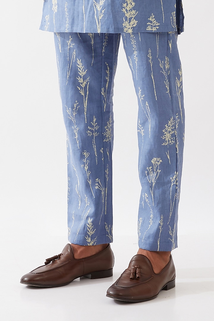 Blue Linen Printed Bundi Jacket Set by Son Of A Noble SNOB Men at Pernia's Pop Up Shop