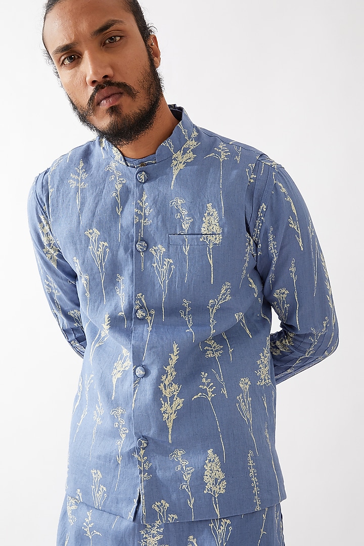 Blue Linen Printed Bundi Jacket Set by Son Of A Noble SNOB Men at Pernia's Pop Up Shop
