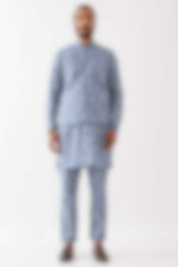 Blue Linen Printed Bundi Jacket Set by Son Of A Noble SNOB Men at Pernia's Pop Up Shop