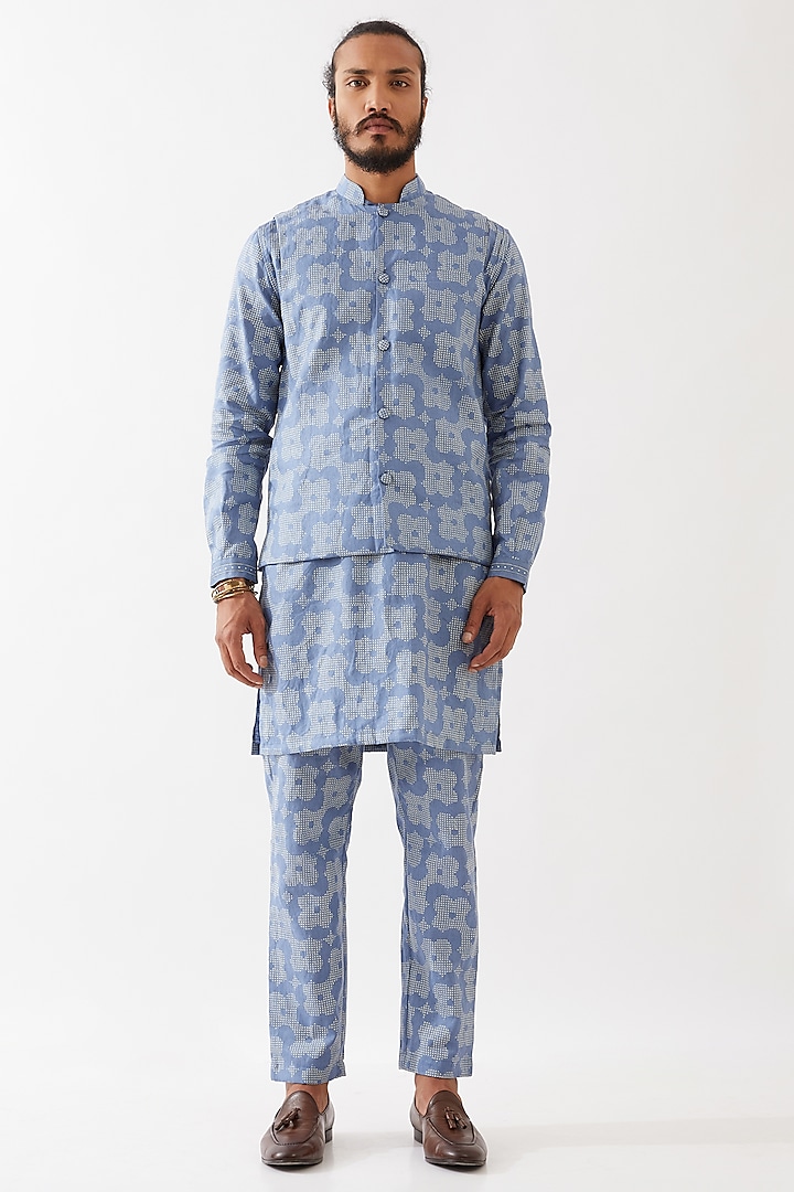 Blue Linen Printed Bundi Jacket Set by Son Of A Noble SNOB Men at Pernia's Pop Up Shop