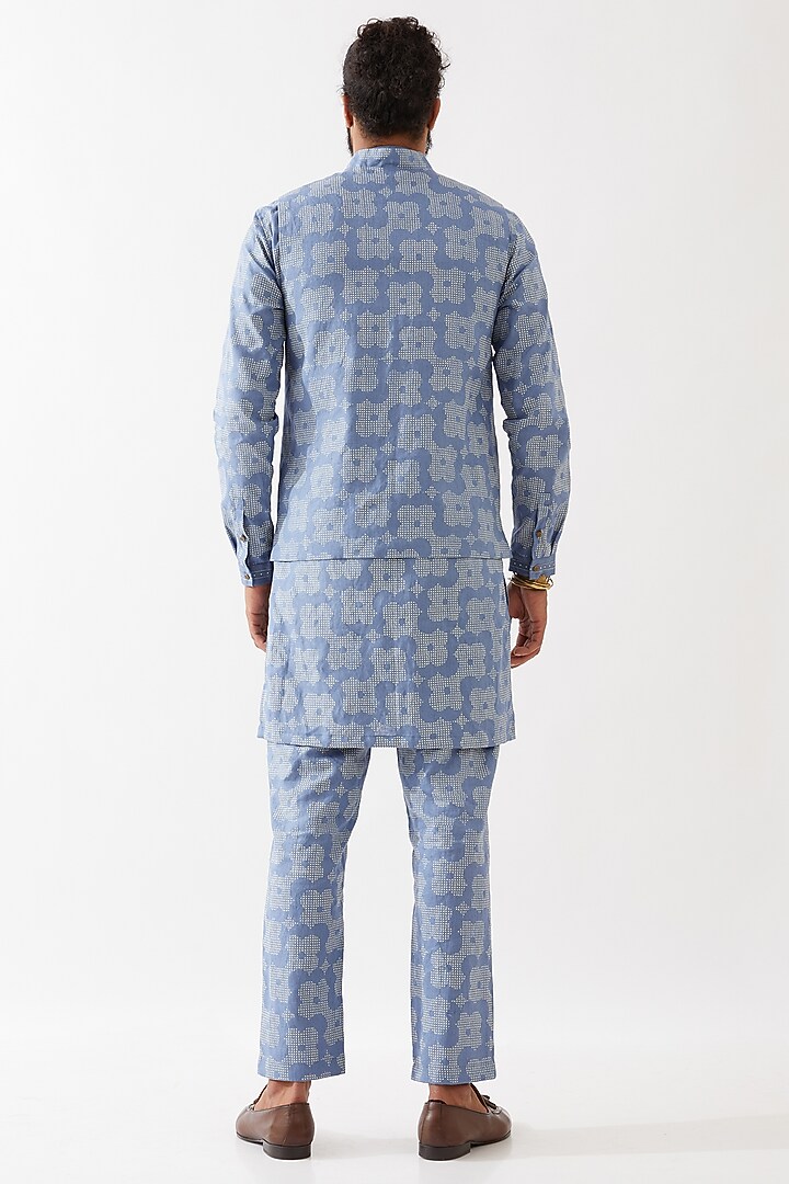 Blue Linen Printed Bundi Jacket Set by Son Of A Noble SNOB Men at Pernia's Pop Up Shop