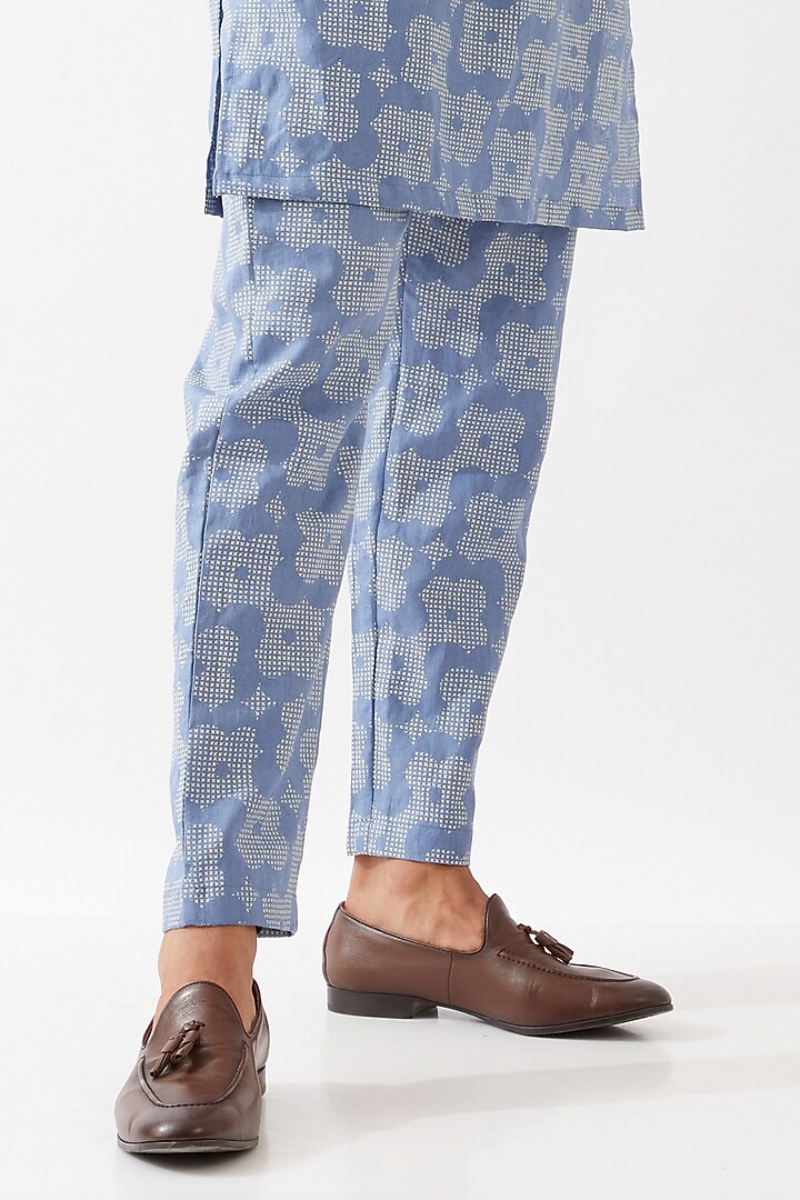 Blue Linen Printed Bundi Jacket Set by Son Of A Noble SNOB Men at Pernia's Pop Up Shop