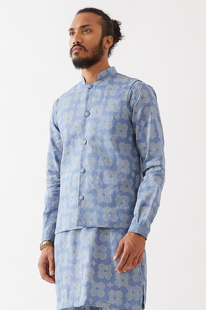 Blue Linen Printed Bundi Jacket Set by Son Of A Noble SNOB Men at Pernia's Pop Up Shop