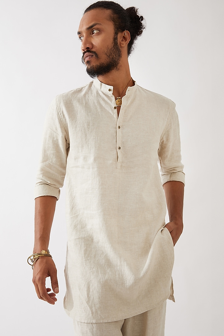 Ivory Linen Short Kurta Set by Son Of A Noble SNOB Men at Pernia's