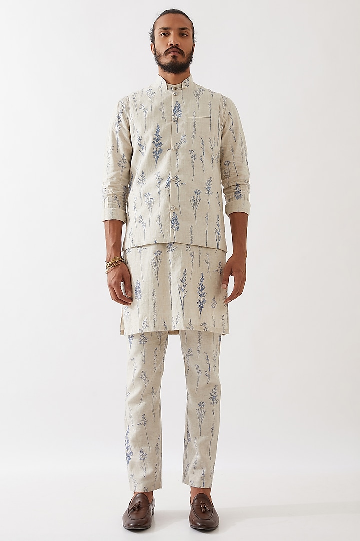 Ivory Linen Printed Bundi Jacket Set by Son Of A Noble SNOB Men