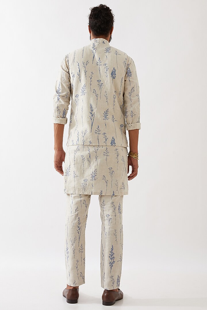 Ivory Linen Printed Bundi Jacket Set by Son Of A Noble SNOB Men at Pernia's Pop Up Shop