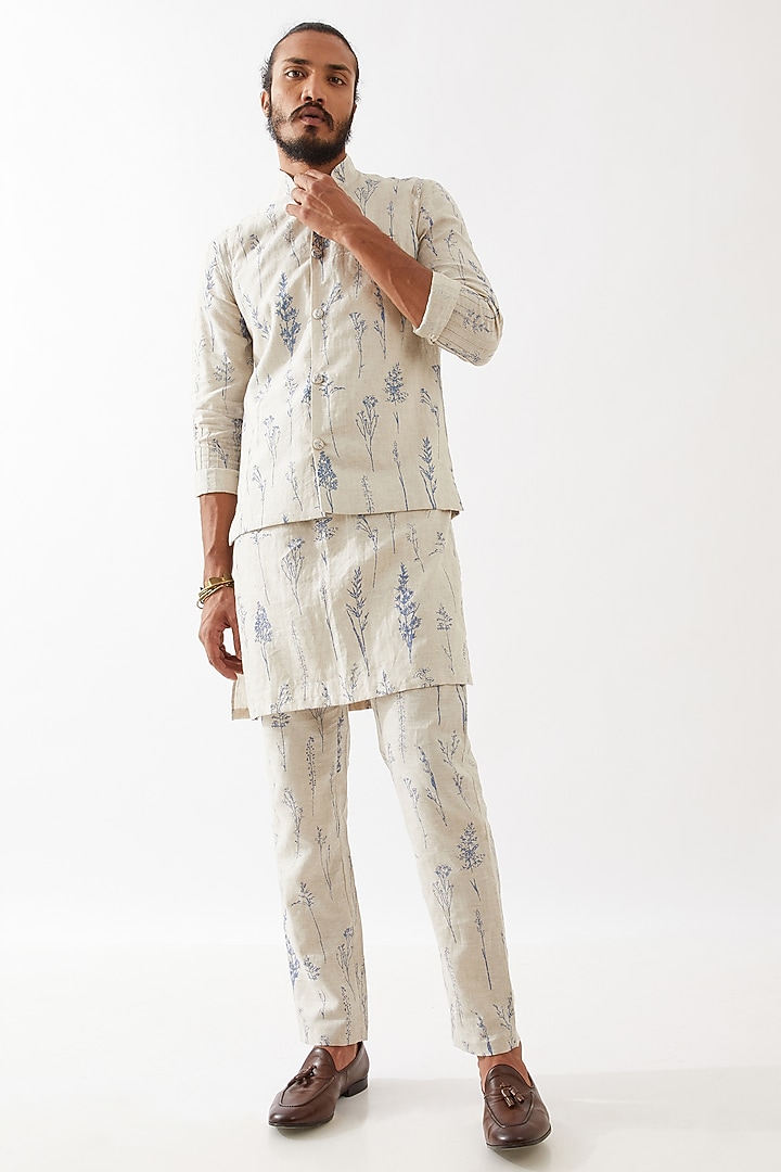 Ivory Linen Printed Bundi Jacket Set by Son Of A Noble SNOB Men at Pernia's Pop Up Shop