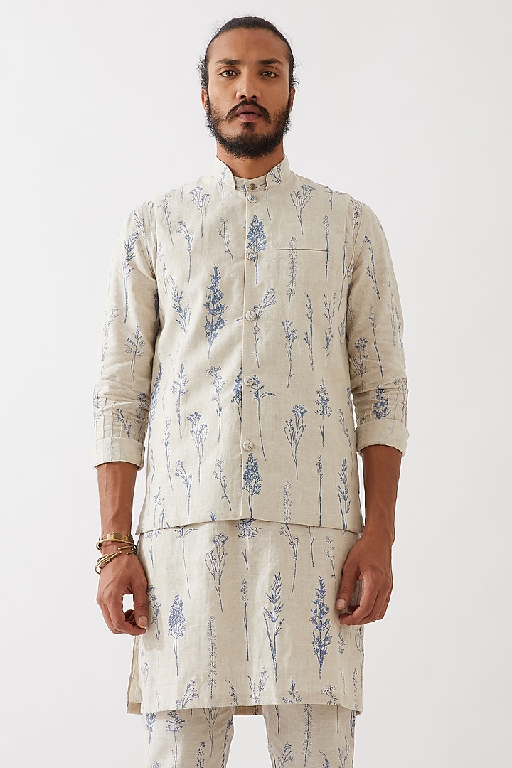 Ivory Linen Printed Bundi Jacket Set by Son Of A Noble SNOB Men at Pernia's Pop Up Shop