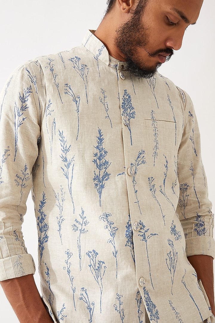 Ivory Linen Printed Bundi Jacket Set by Son Of A Noble SNOB Men at Pernia's Pop Up Shop