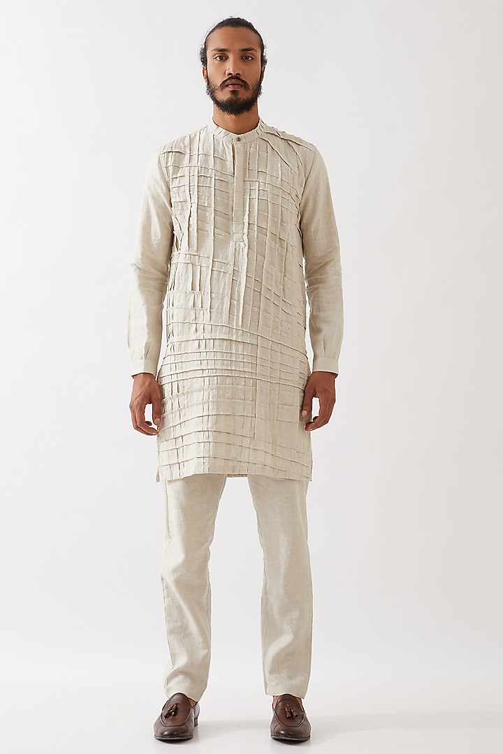 Ivory Linen Pleated Kurta Set by Son Of A Noble SNOB Men