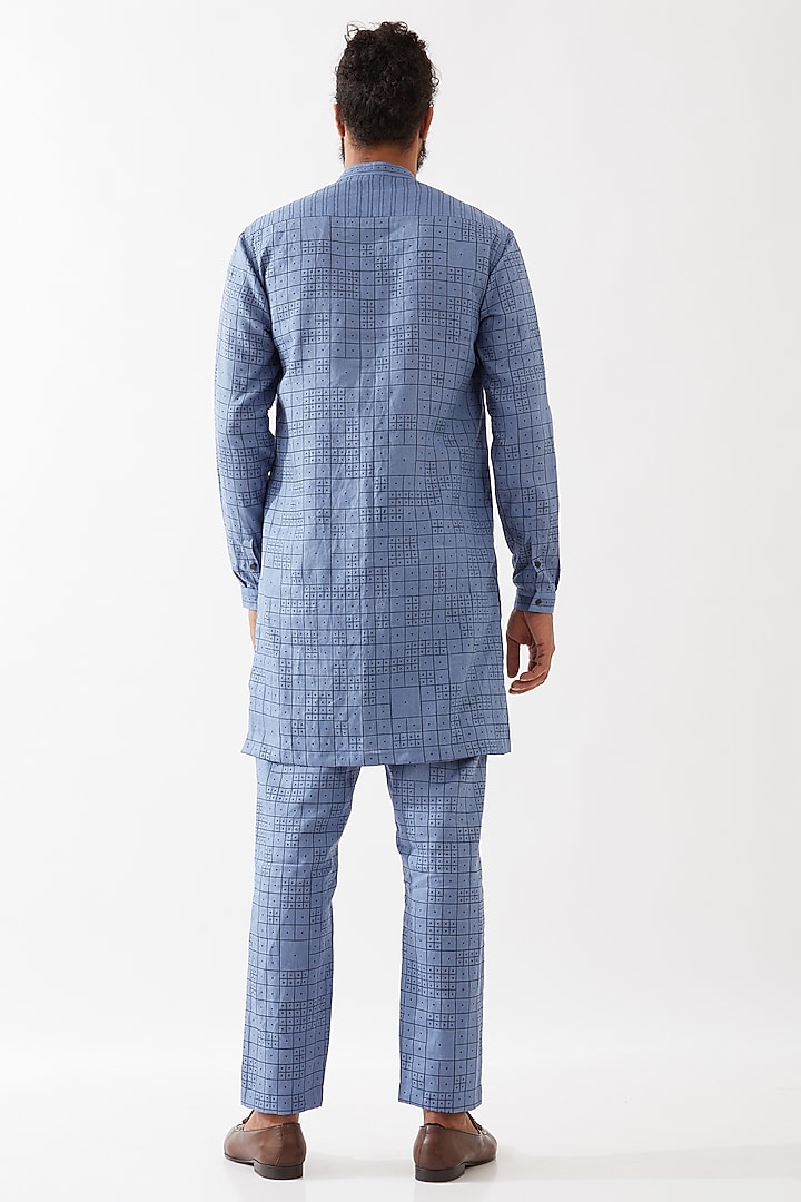 Blue Linen Printed Kurta Set by Son Of A Noble SNOB Men at Pernia's Pop Up Shop