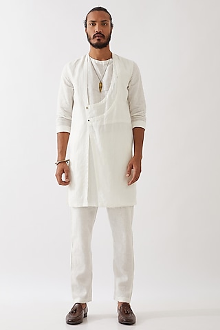 White Linen Asymmetrical Kurta Set by Son Of A Noble SNOB Men