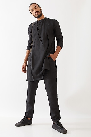 Black Linen Asymmetrical Kurta Set by Son Of A Noble SNOB Men