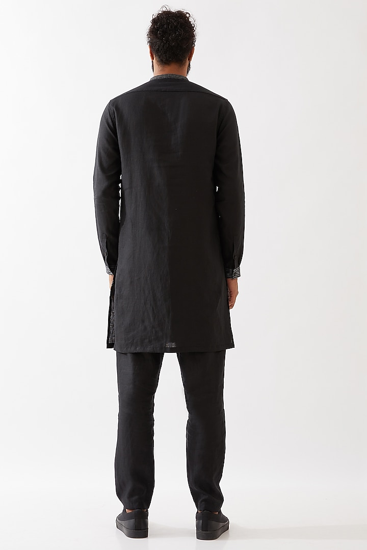 Black Linen Asymmetrical Kurta Set by Son Of A Noble SNOB Men at Pernia's Pop Up Shop