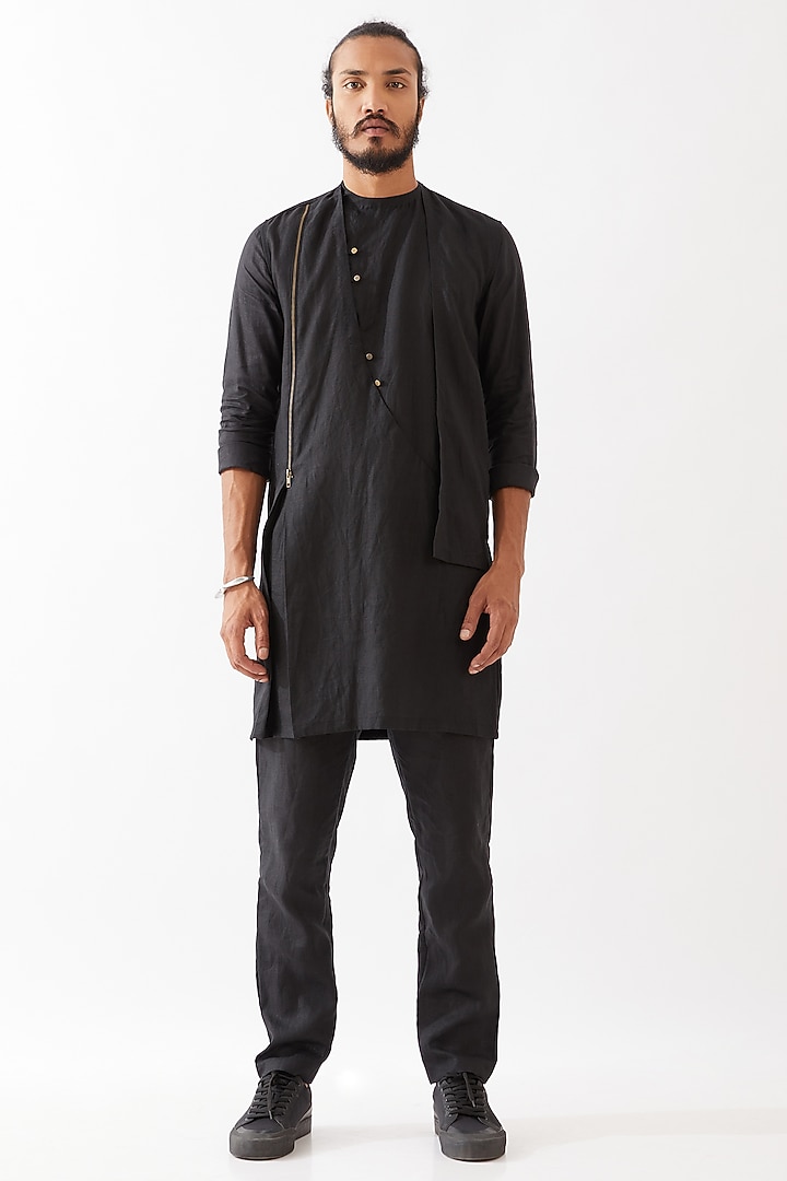 Black Linen Asymmetrical Kurta Set by Son Of A Noble SNOB Men at Pernia's Pop Up Shop