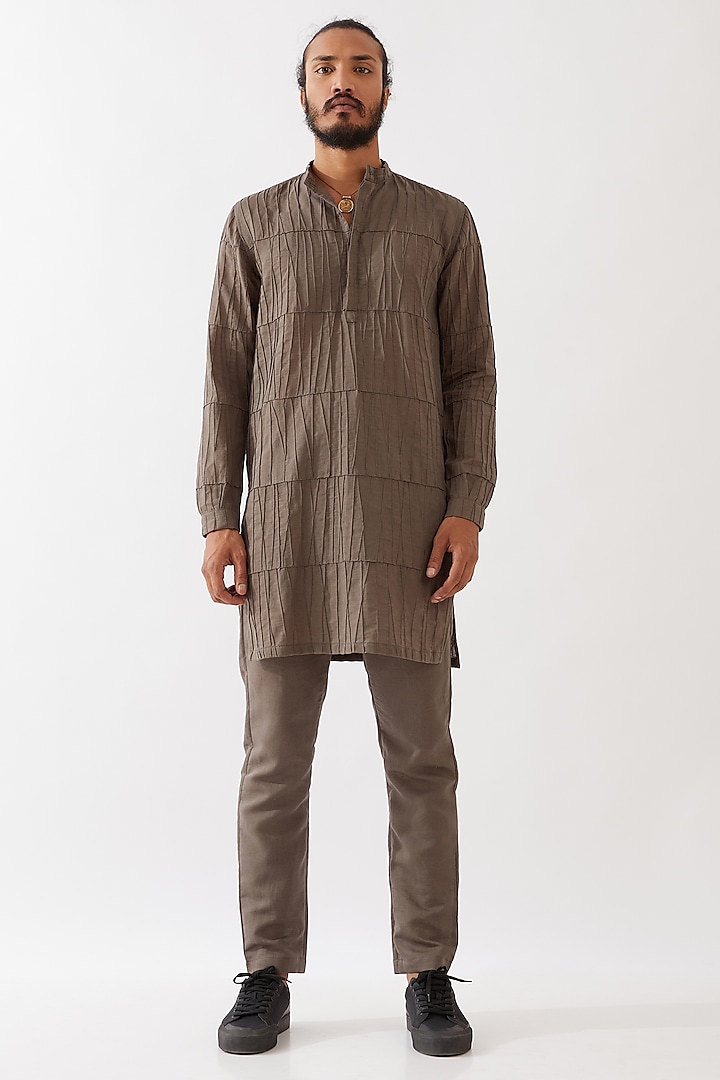 Grey Cotton Linen Pintucks Textured Kurta Set by Son Of A Noble SNOB Men