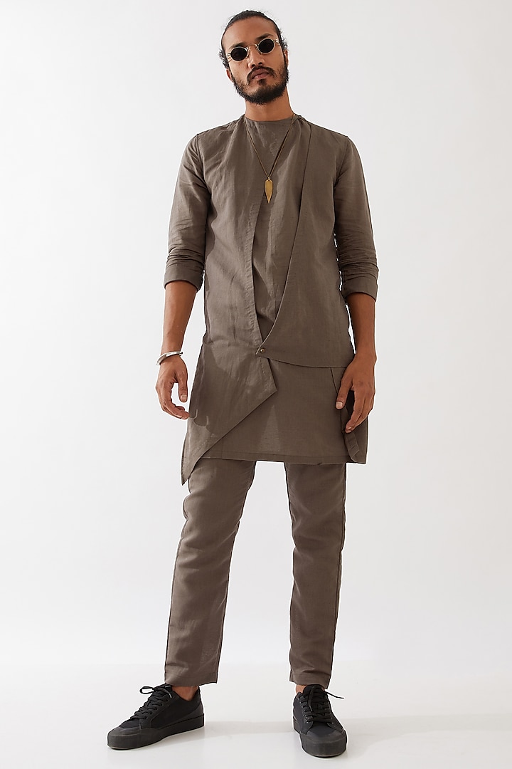 Grey Cotton Linen Asymmetrical Kurta Set by Son Of A Noble SNOB Men