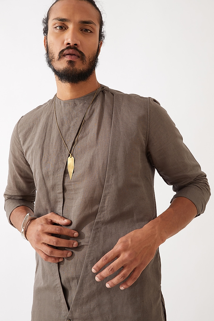 Grey Cotton Linen Asymmetrical Kurta Set by Son Of A Noble SNOB Men at Pernia's Pop Up Shop