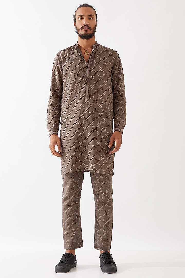 Grey Cotton Linen Printed Textured Kurta Set by Son Of A Noble SNOB Men